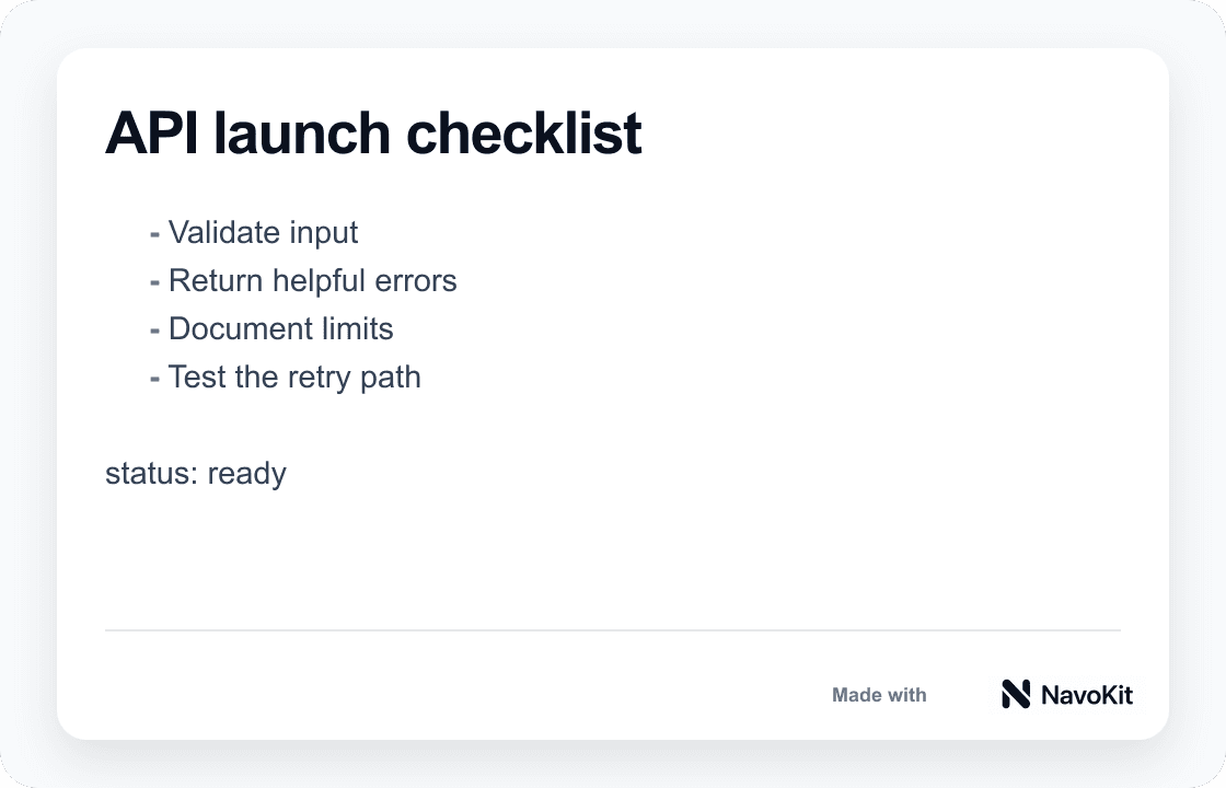Actual NavoKit Markdown to Image PNG export for an API launch checklist