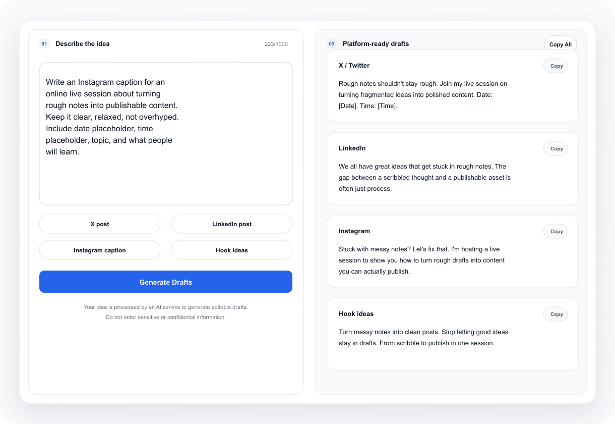 NavoKit AI Social Post Generator 真实工具工作台截图,展示活动提醒多平台文案草稿