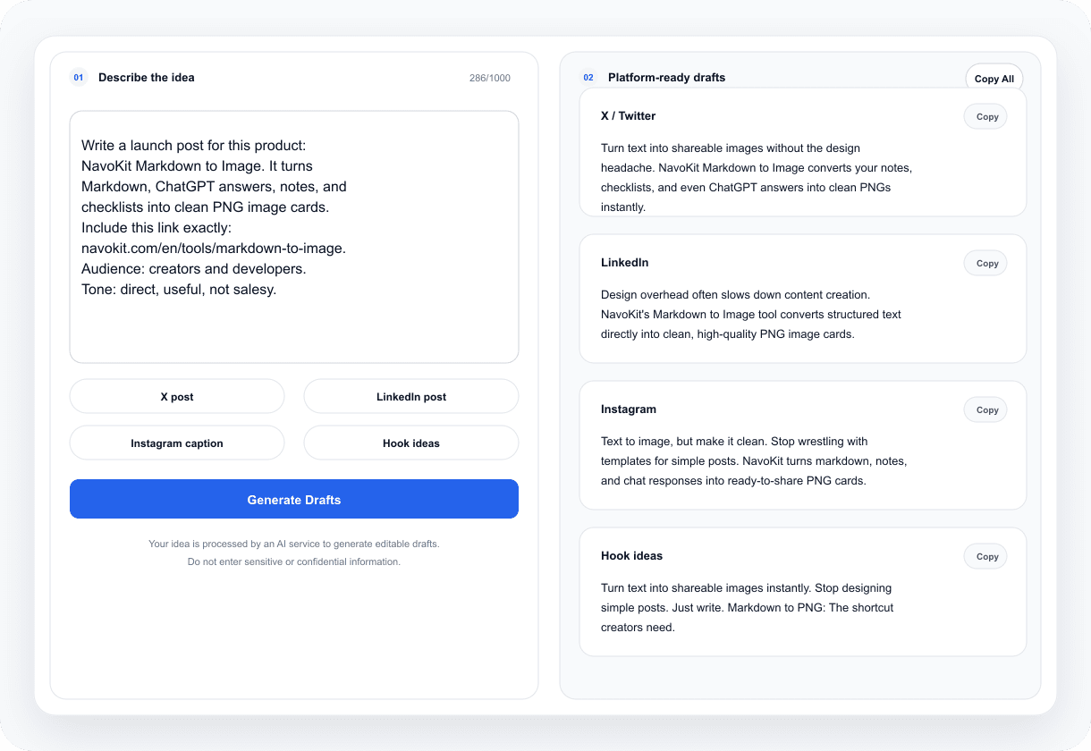 NavoKit AI Social Post Generator 真实工具工作台截图,展示发布工具的多平台文案草稿