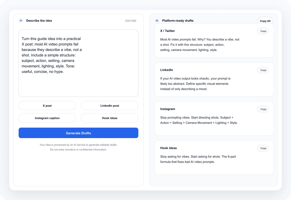 NavoKit AI Social Post Generator 真实工具工作台截图,展示 AI 视频提示词文章改写结果