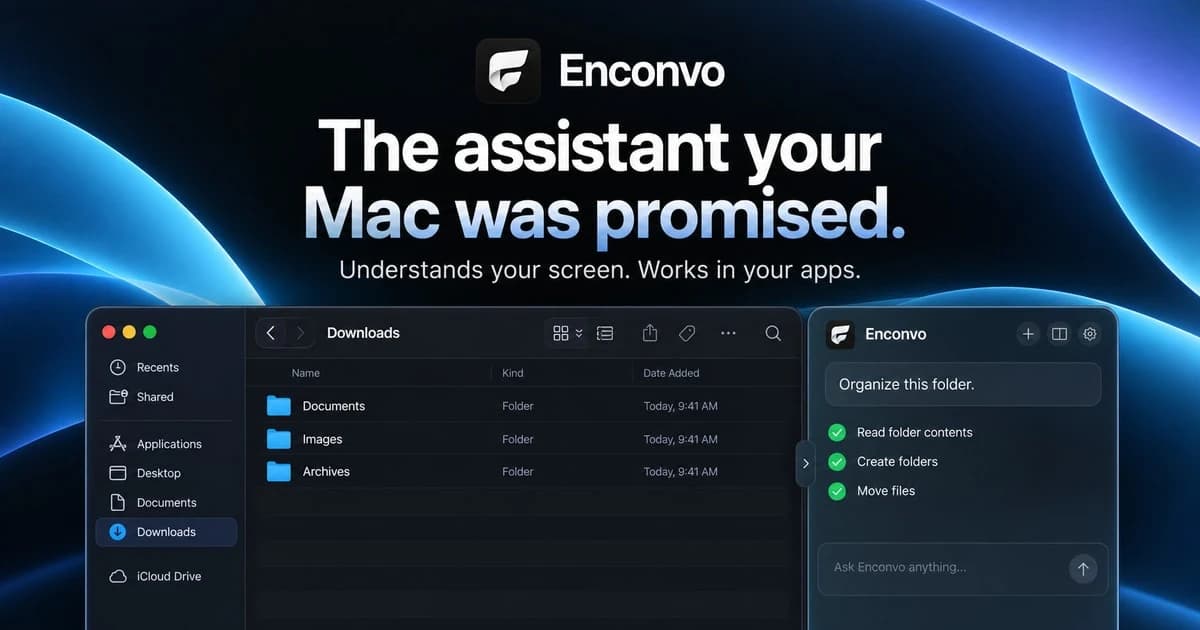 Enconvo's official promotional image showing its AI sidebar beside Finder.