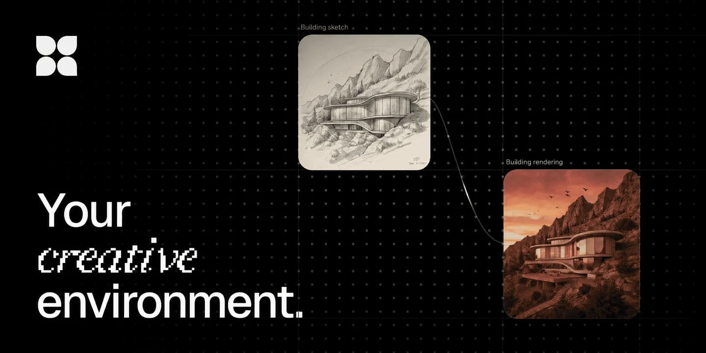 FLORA's official image showing an architectural sketch connected to a rendered variation on its creative canvas.