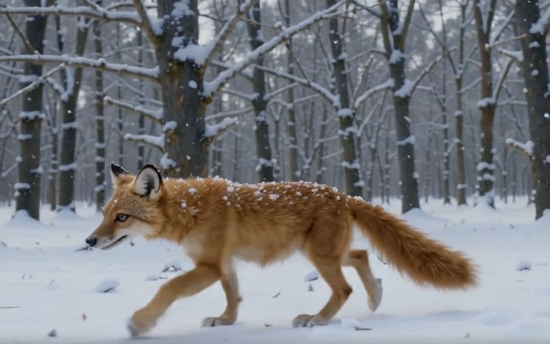 A frame from NavoKit's saved AI video example of a red fox walking through a snowy forest.