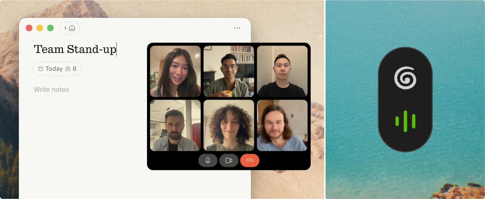 Granola’s official image of a meeting note beside a video call and transcription indicator.