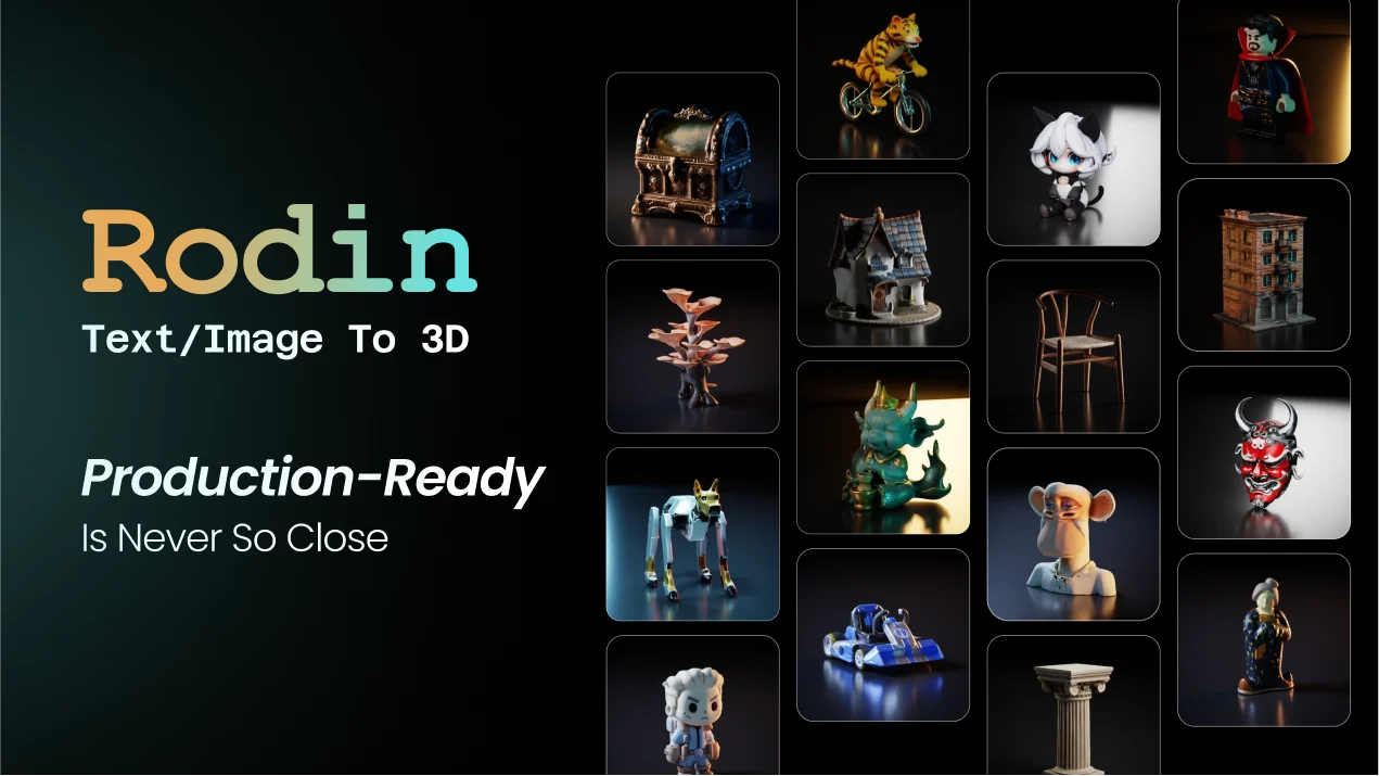 Hyper3D's official Rodin promotional image with examples of textured 3D objects.
