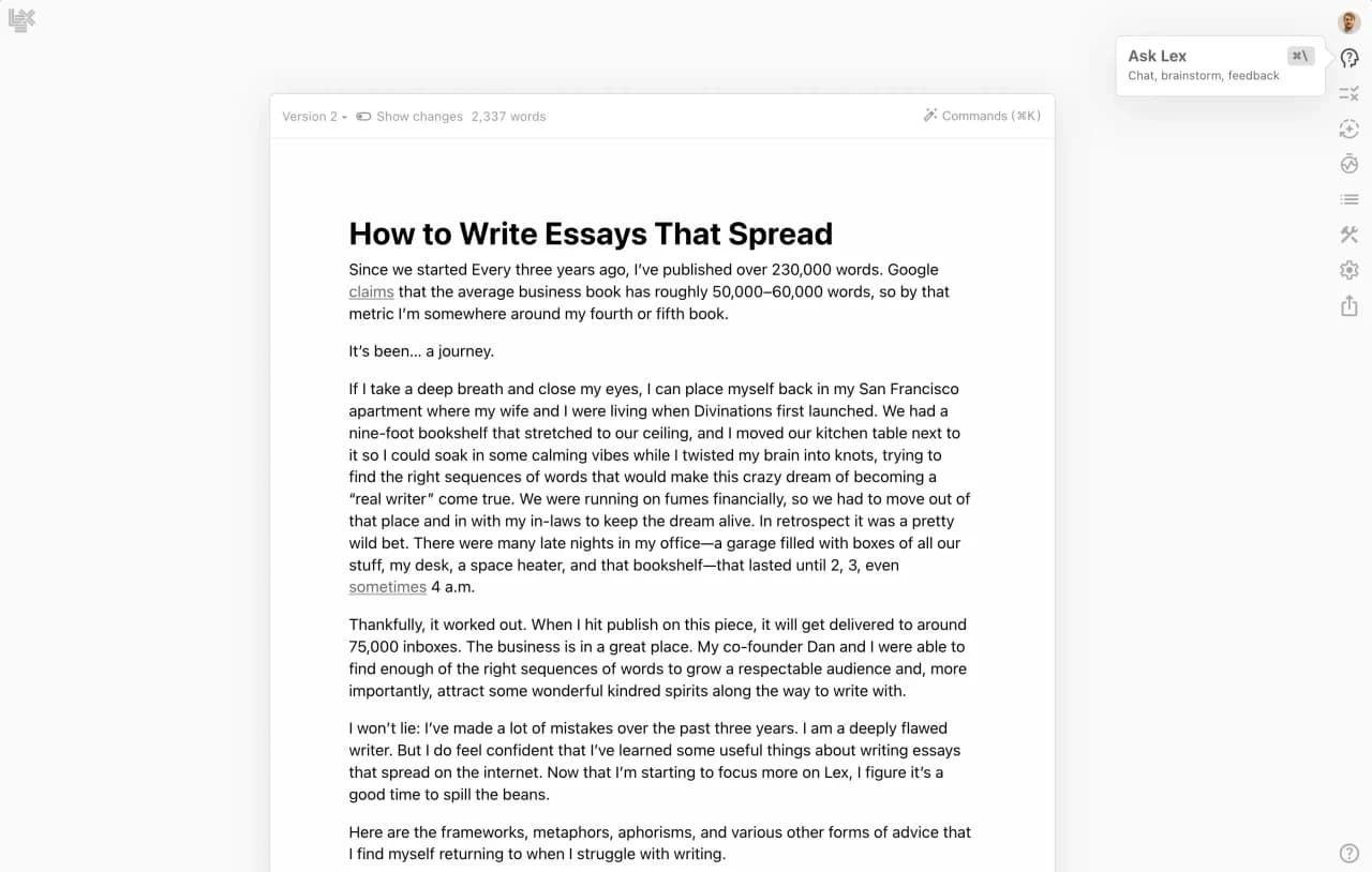 Lex's official screenshot of a document in its light-themed writing editor.