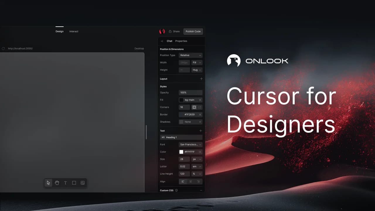 An official Onlook interface screenshot showing the visual editor beside a web page.