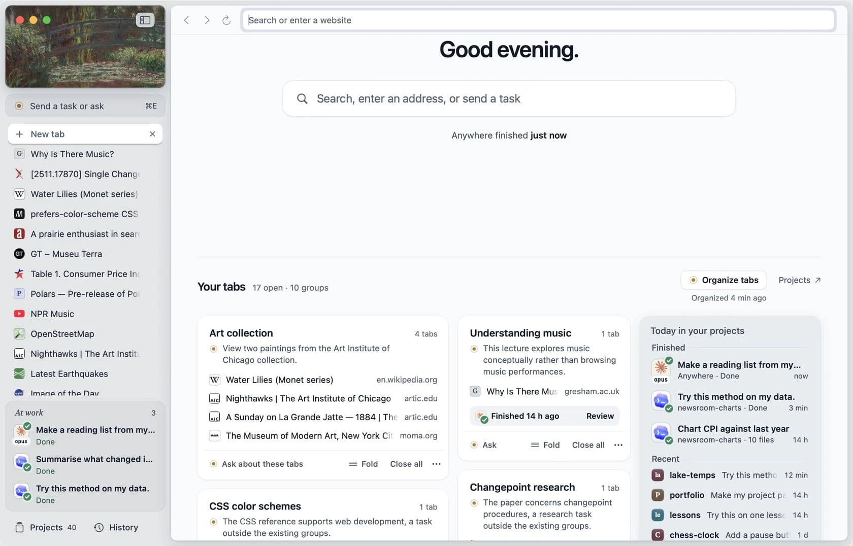 Rill's official browser screenshot with grouped tabs, project activity, and tasks from coding agents.