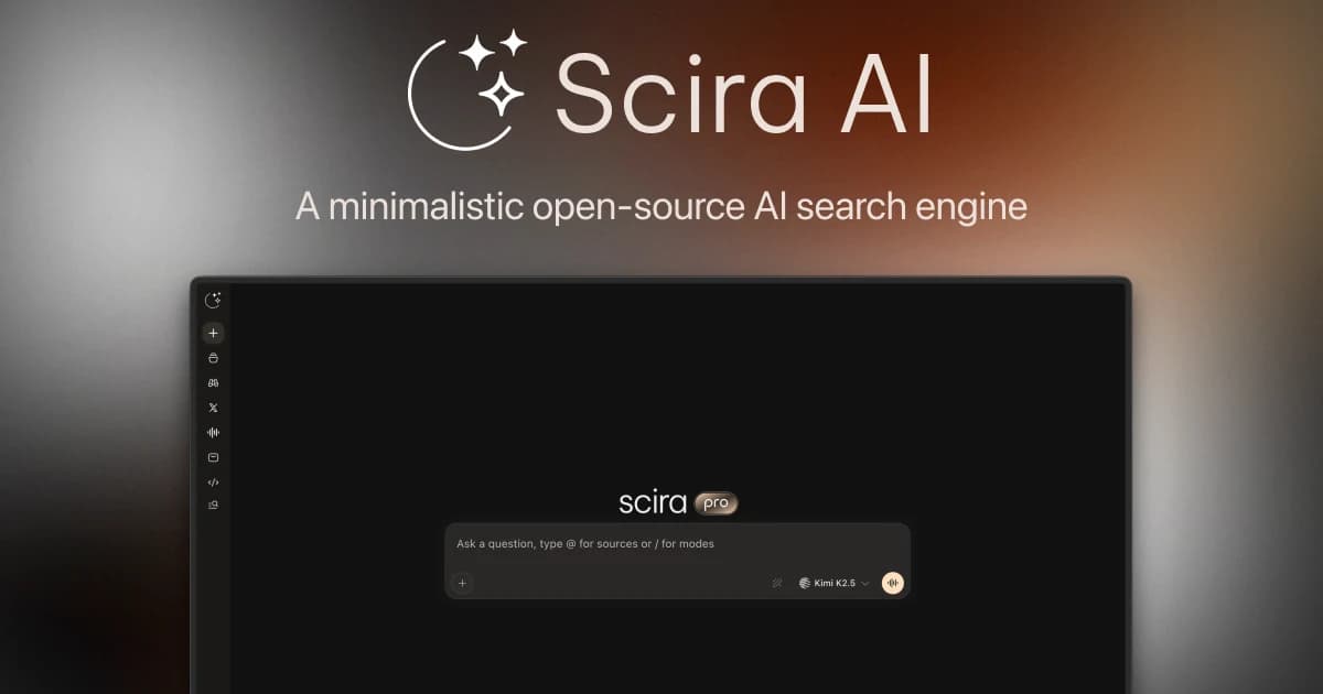 Scira's official share image with its search interface.