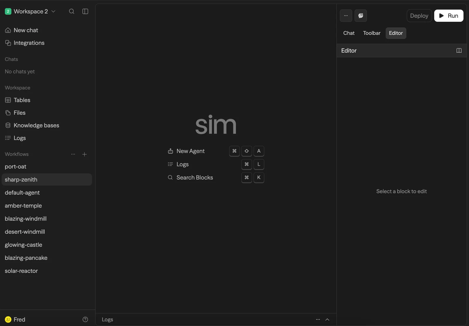 Sim’s official workflow editor screenshot with an empty canvas and workspace navigation.