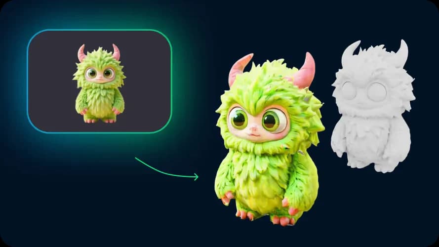 Sloyd's official image-to-3D example showing a green creature reference and two 3D model views.