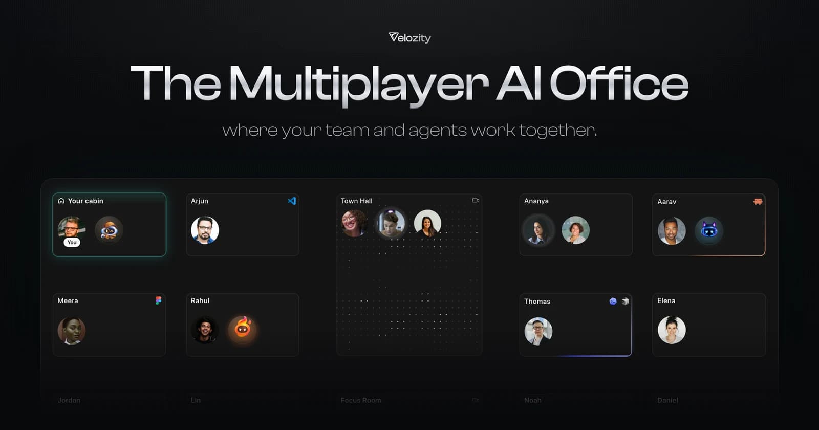 Velozity's official product image showing a shared office with cabins for people and agents.