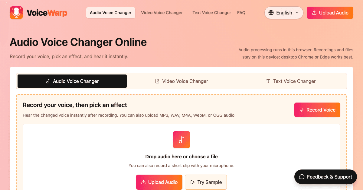 VoiceWarp online voice changer interface showing 22 sound effect presets and live microphone controls.
