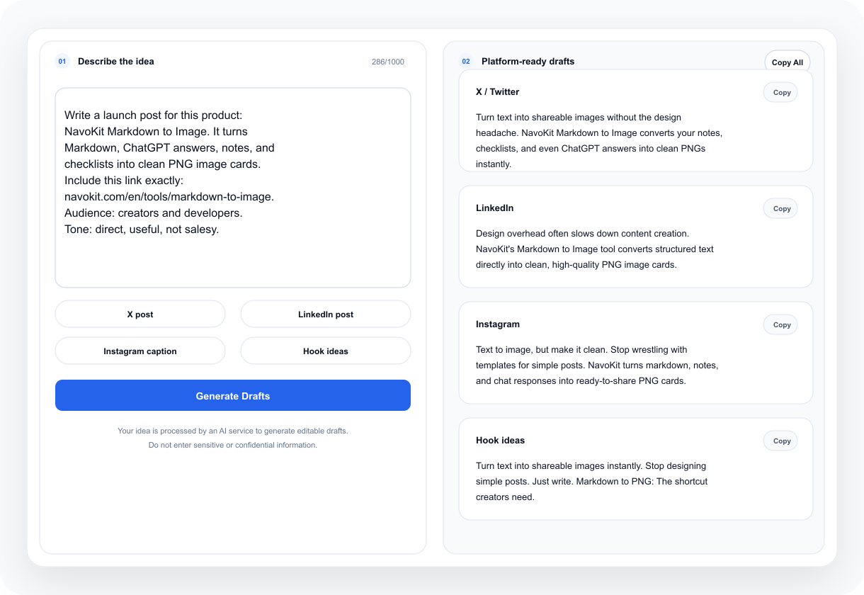 NavoKit social draft workspace for a Markdown to Image launch