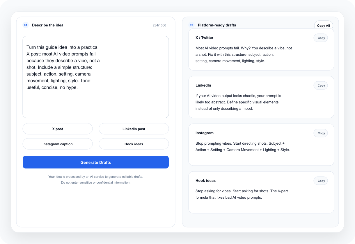 NavoKit social draft workspace for an AI video prompt example